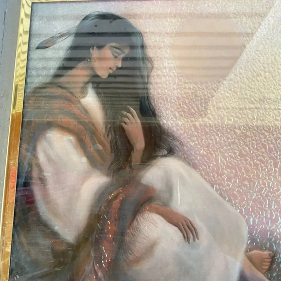 Rare VTG Judy Mastrangelo Foil Art Print Maiden & Moon Framed 8x10" Native Girl - Picture 5 of 10